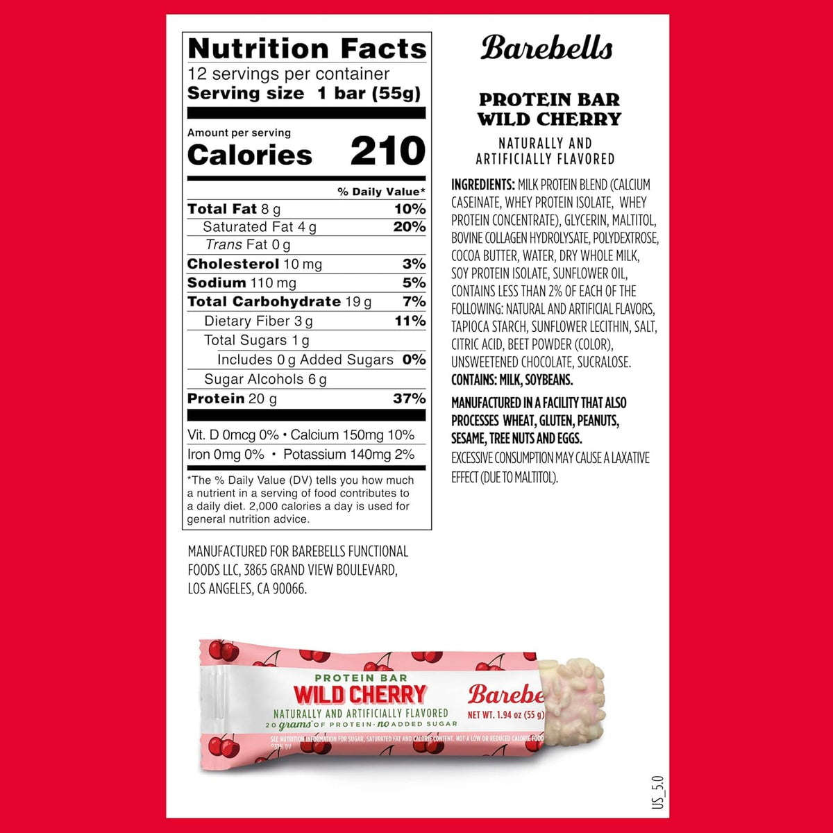 Barebells Wild Cherry Protein Bar – 20g Protein, No Added Sugar, 12 Count Box