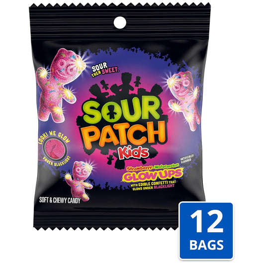 Sour Patch Kids Glow Ups Strawberry-Watermelon Soft & Chewy Candy – 3.08 oz Bags (12 Pack)