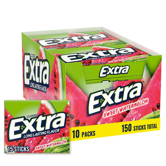 Extra Sweet Watermelon Sugar Free Chewing Gum - 15 Stick Packs (Pack of 10)