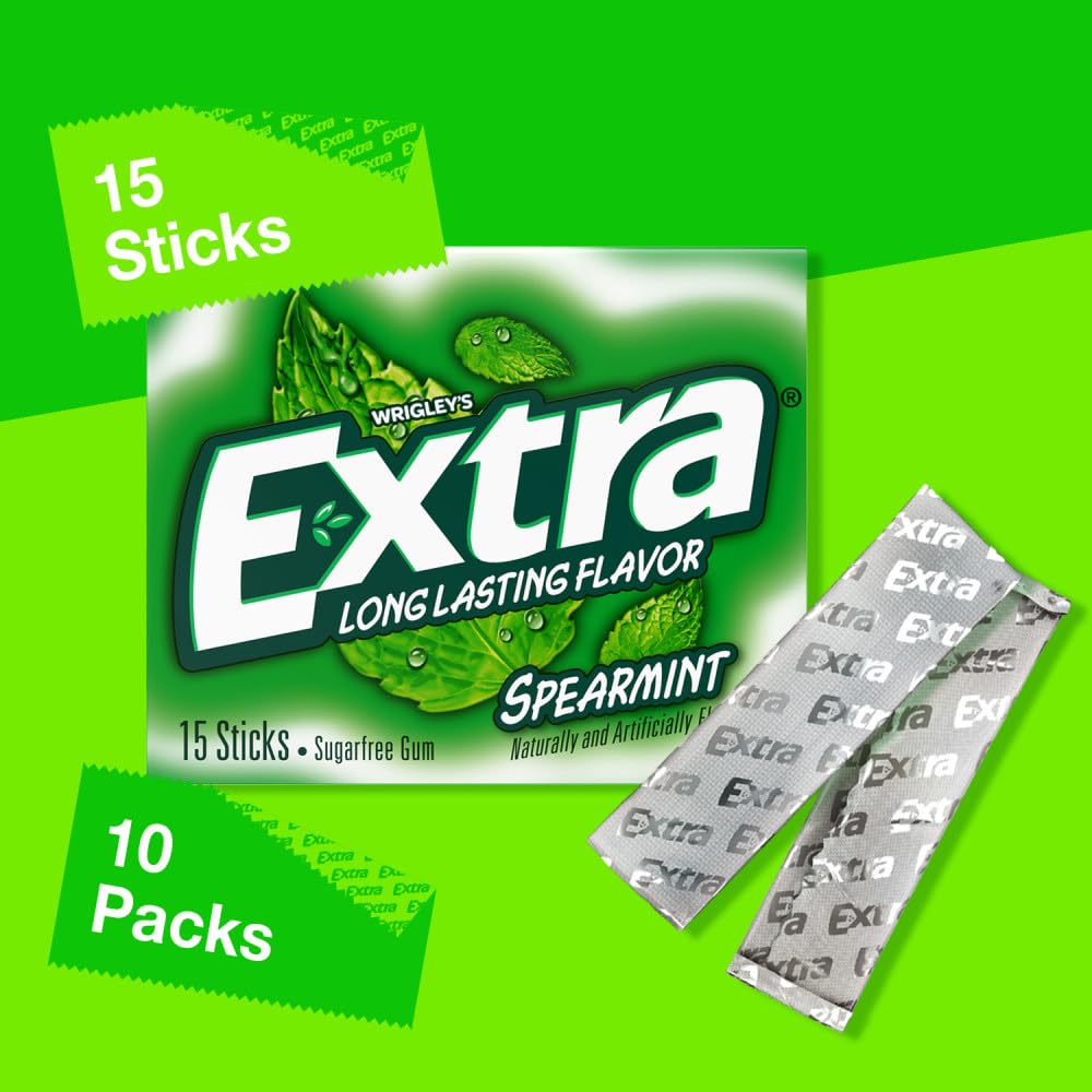 Extra Spearmint Sugar Free Chewing Gum - 15 Stick Packs (Pack of 10)