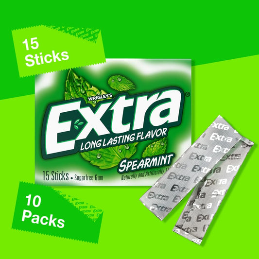 Extra Spearmint Sugar Free Chewing Gum - 15 Stick Packs (Pack of 10)