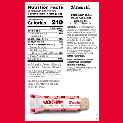 Barebells Wild Cherry Protein Bar – 20g Protein, No Added Sugar, 12 Count Box