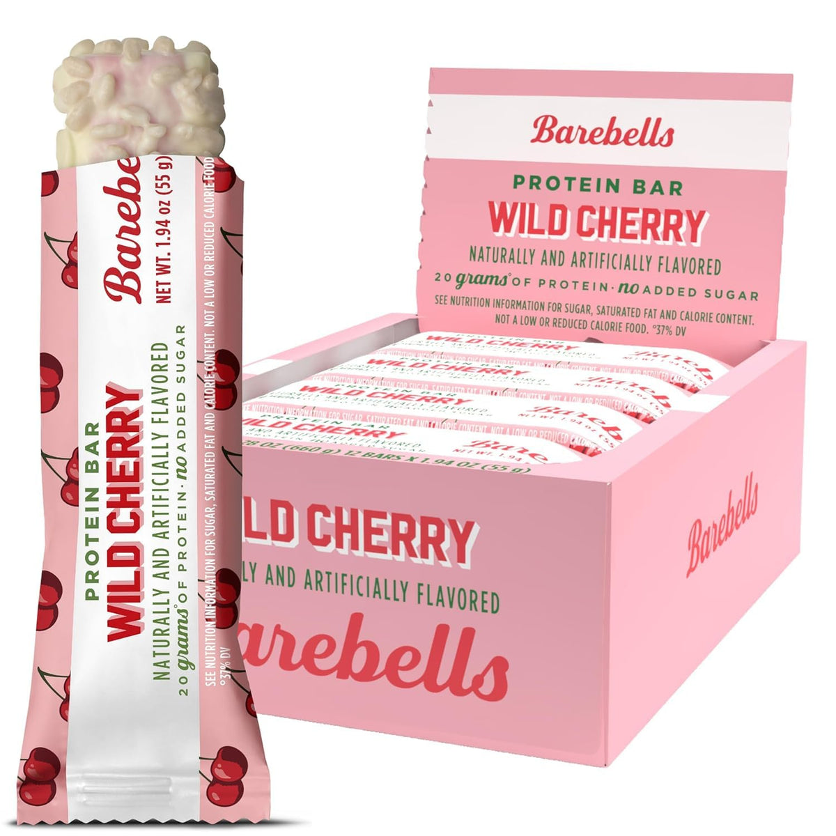 Barebells Wild Cherry Protein Bar – 20g Protein, No Added Sugar, 12 Count Box