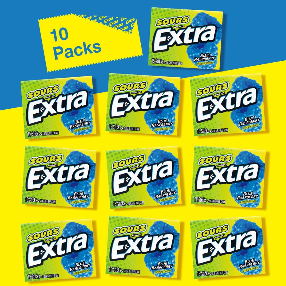 EXTRA SOURS Blue Raspberry Sugar Free Chewing Gum – Blue Raspberry (10 Packs)