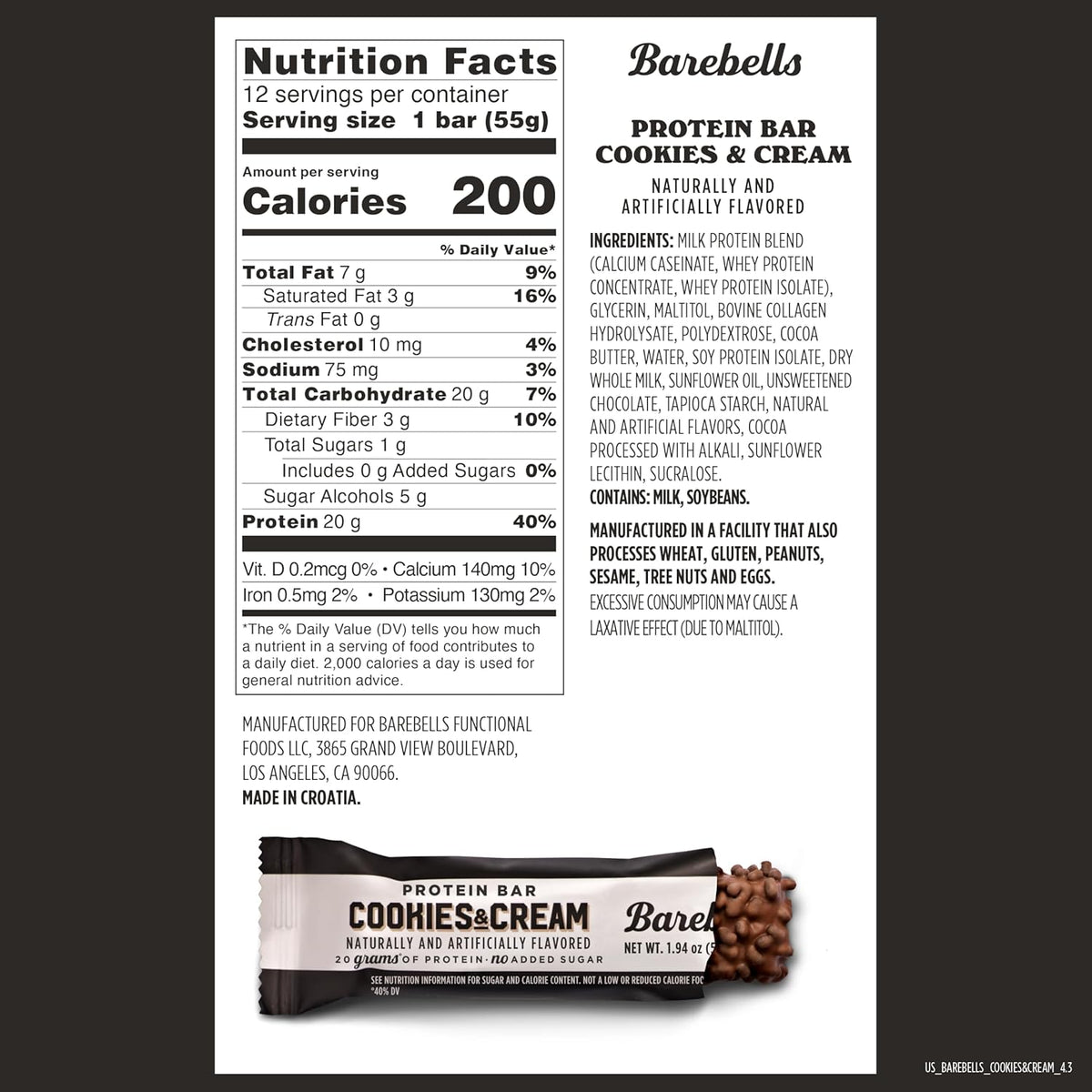 Barebells Protein Bar - Cookies & Cream - 20g Protein (12 Bars)