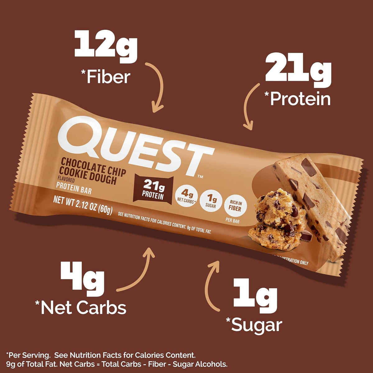 Quest Chocolate Chip Cookie Dough Protein Bars – High Protein, Low Carb Bars (12 Count)