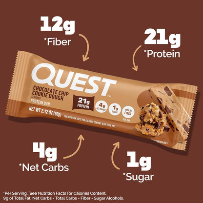 Quest Chocolate Chip Cookie Dough Protein Bars – High Protein, Low Carb Bars (12 Count)