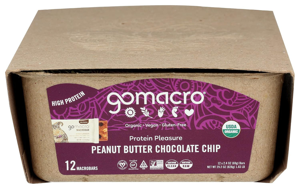 GoMacro MacroBar Peanut Butter Chocolate Chip – Organic Vegan Protein Bars (12 Bars)