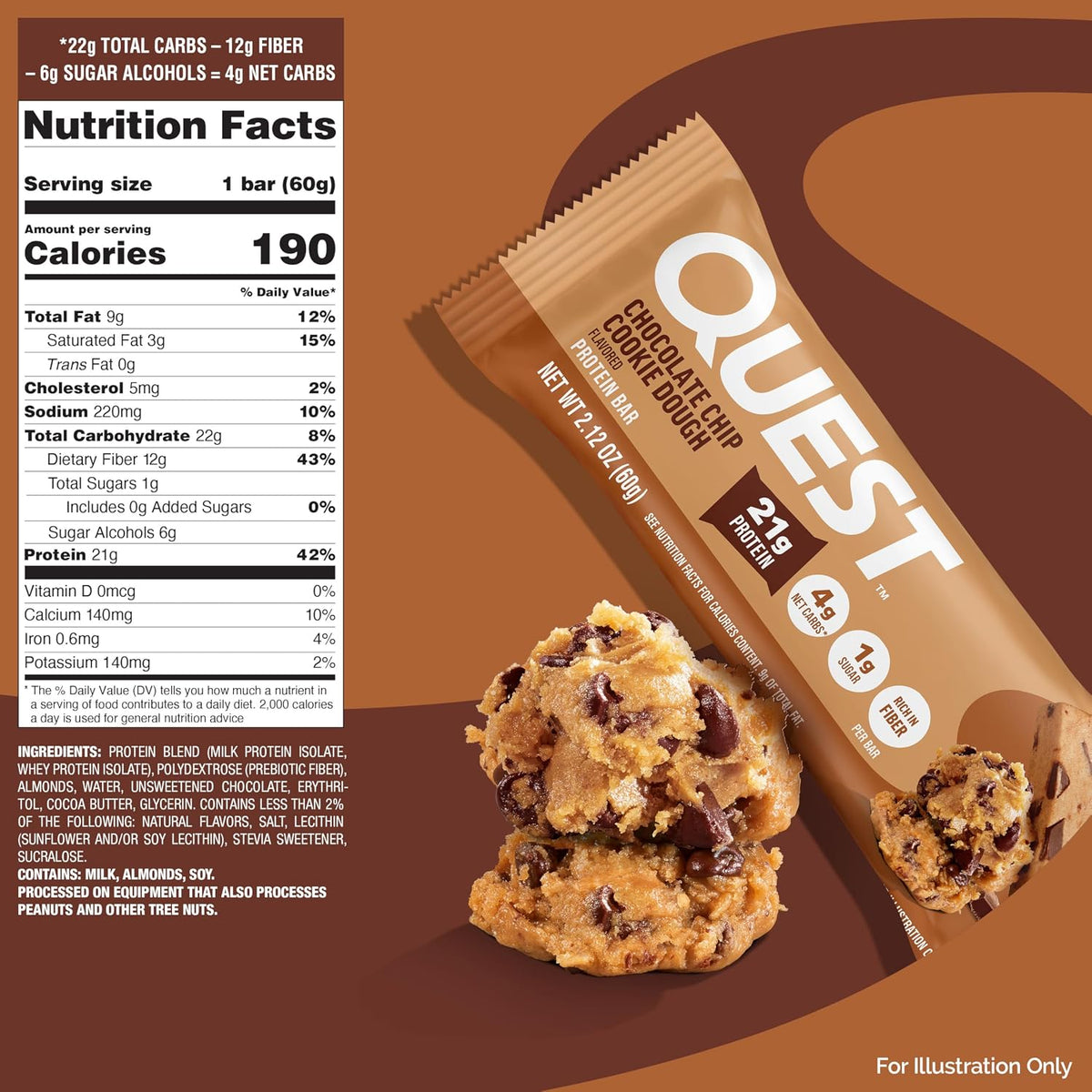 Quest Chocolate Chip Cookie Dough Protein Bars – High Protein, Low Carb Bars (12 Count)