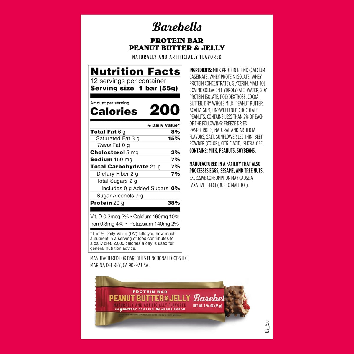 Barebells Protein Bar - Peanut Butter & Jelly - 20g Protein (12 Bars)